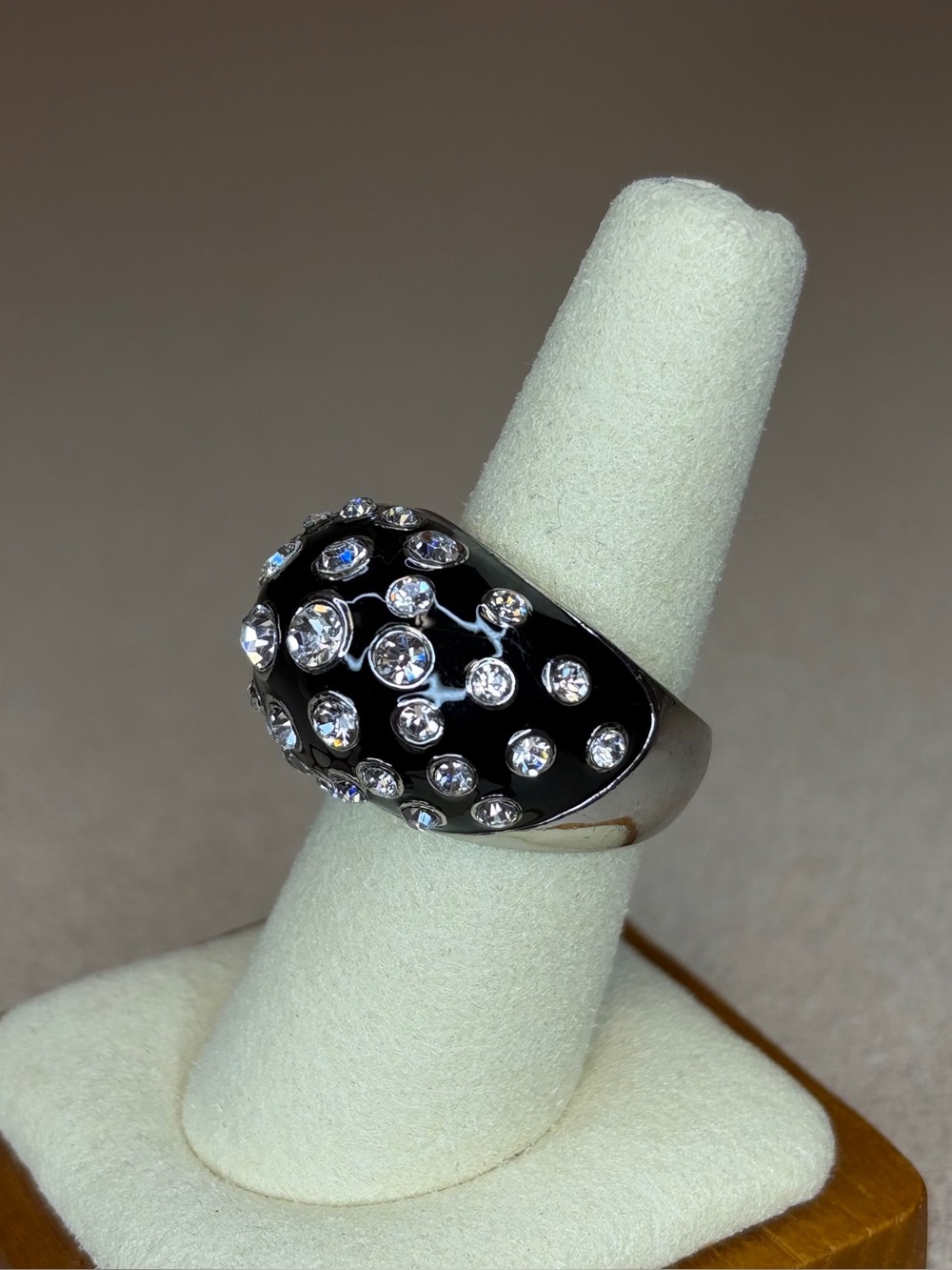 Black Enamel & Clear Crystal Dome Cocktail Ring